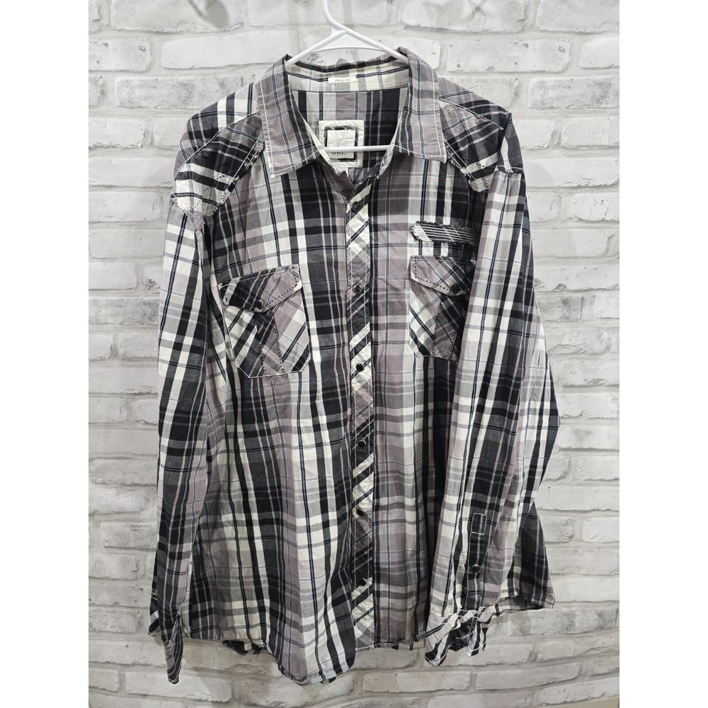 BKE Men XXL Snap Front‎ Shirt Embroidered Frayed Edges Plaid Kingsbridge Pockets